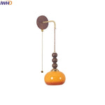 Modern LED Walnut Wood Wall Lights with Glass Shade & Pull Chain Switch