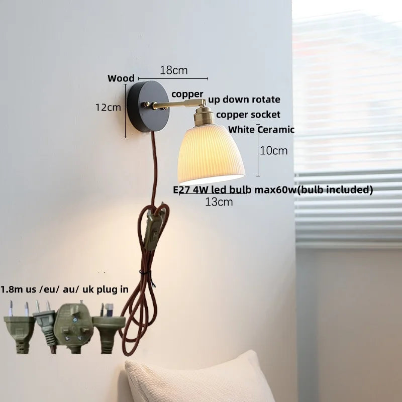 Copper LED Wall Lights Pull Chain Switch Modern Bedside Lamp Wood White Ceramic