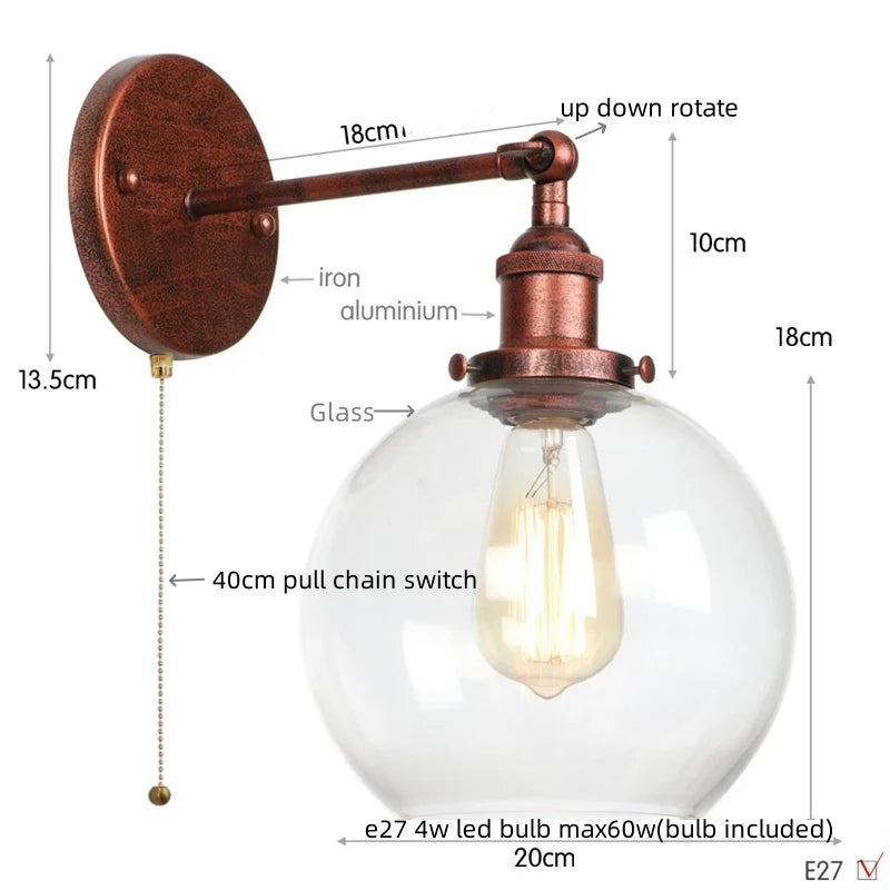 Afralia™ Glass Globe LED Wall Light Fixture Single Arm Bedside Lamp Vintage Industrial Style