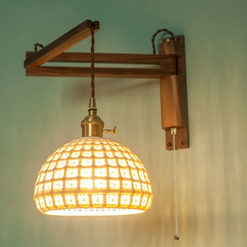 Walnut Wood LED Wall Lamp Copper Ceramic Minimalistic Loft Light