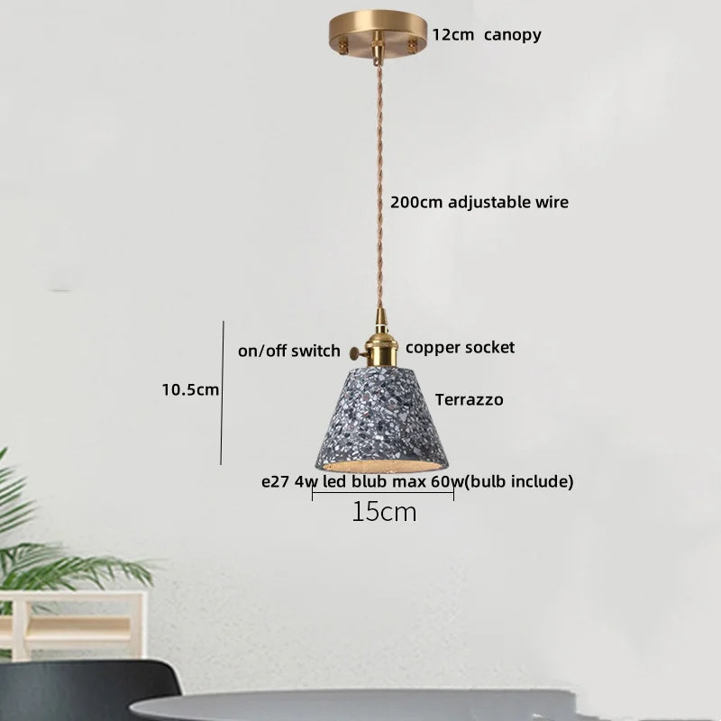 Afralia™ Minimalism LED Pendant Light Fixture Terrazzo Marble Stone Wood Hanging Lamp