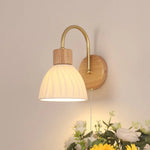 Nordic LED Wall Sconce Pull Chain Switch Wood Canopy Ceramic Bedside Lamp