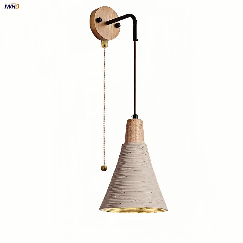 LED Cement Wall Light with Pull Chain & Wood Socket - Nordic Modern Sconce