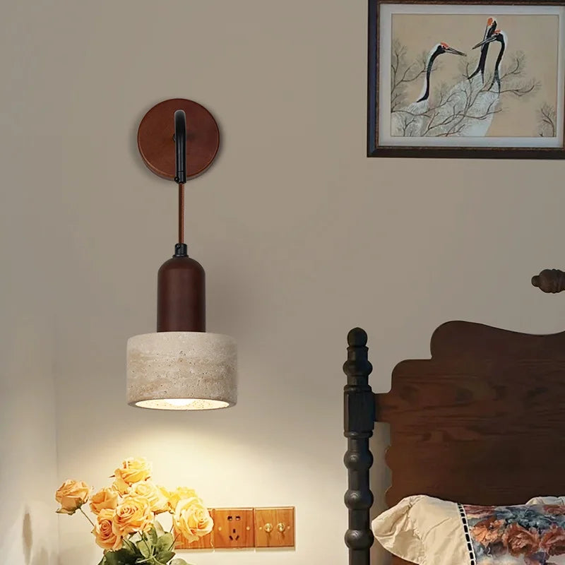 Nordic LED Wood Wall Sconce Yellow Travertine Bedside Lamp for Modern Home