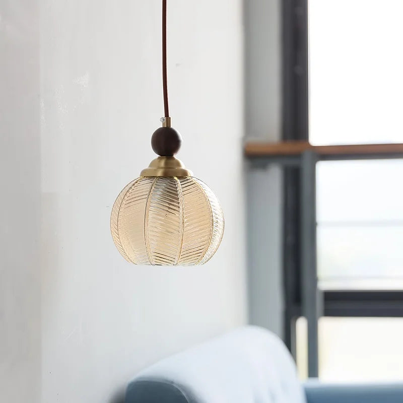 Amber Glass LED Pendant Light - Modern Nordic Design with Iron Base