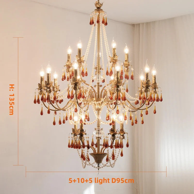 Luxury Red Crystal Candle Chandelier LED Pendant Light - Copper E14 Glamourizing Luminarias
