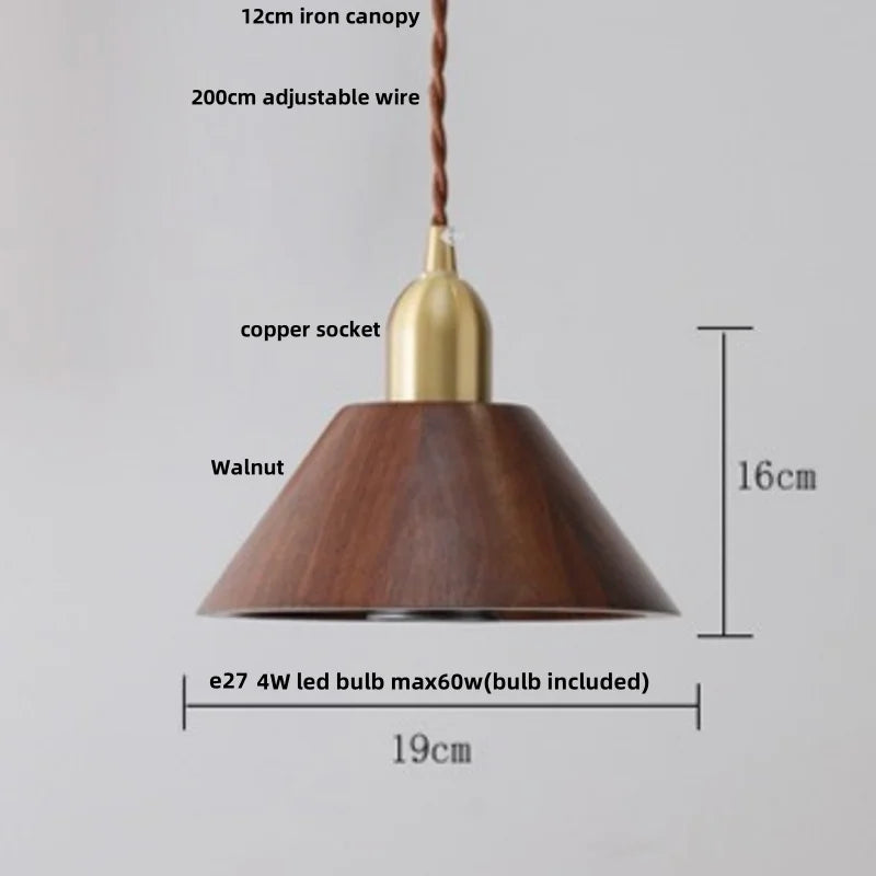 Copper Socket Walnut Wood LED Pendant Light Fixture for Dining Room