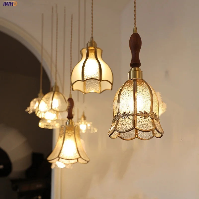 Walnut Wood Loft LED Pendant Lights Glass Hang Lamp Home Decor