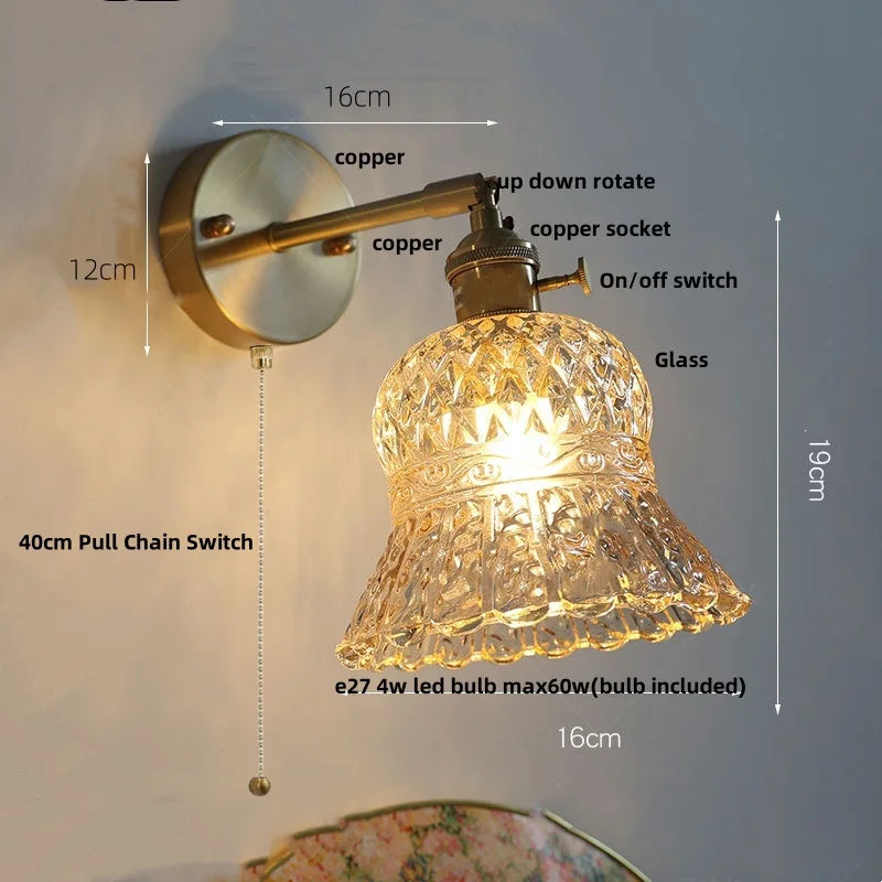 Nordic LED Glass Wall Light Fixture with Pull Chain Switch - Modern Rotating Bedside Lamp
