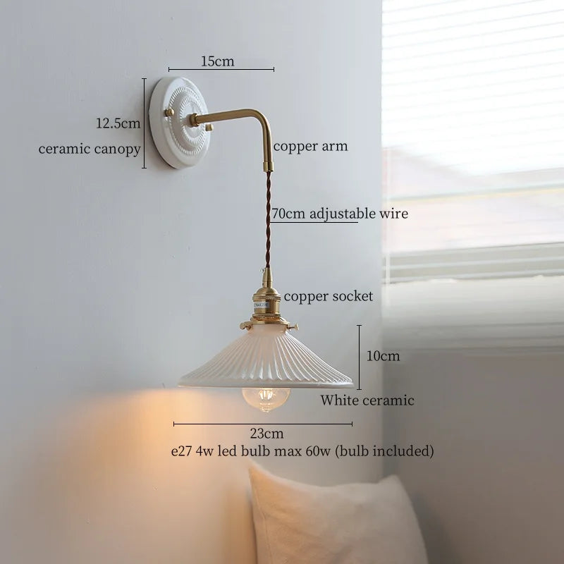 Afralia™ Copper Ceramic LED Wall Light with Pull Chain Switch for Living Room Decor.