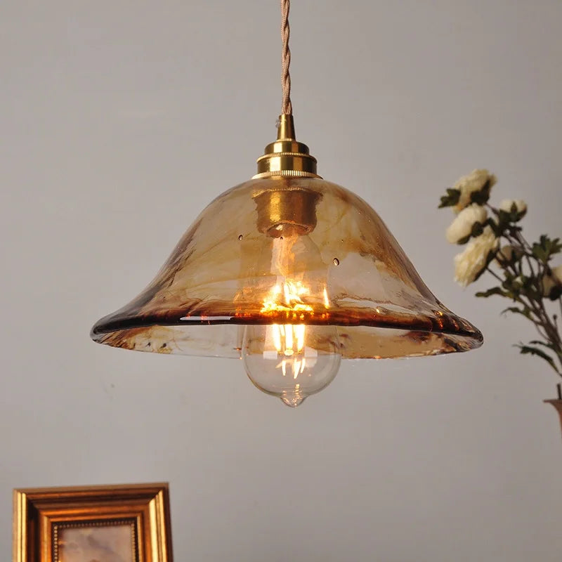 Amber Glass LED Pendant Light Fixture, Vintage E27 Copper Hanging Lamp