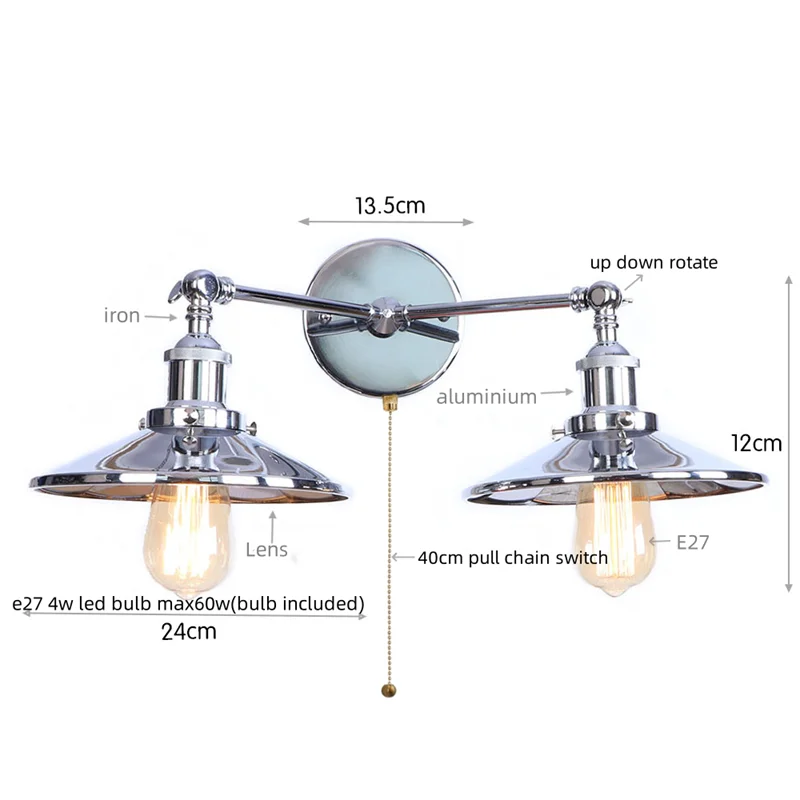 Vintage LED Wall Lamp with Pull Chain Switch, 2 Heads Industrial Sconce