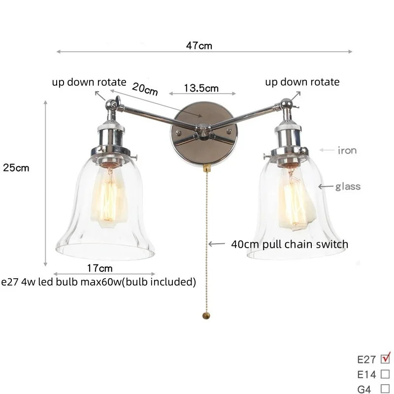 Retro LED Wall Light with Pull Chain Switch, 2 Heads Sconce for Living Room