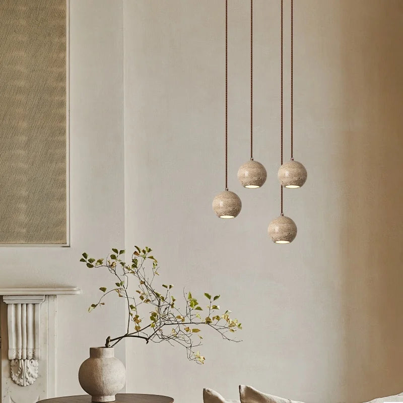 Yellow Travertine Spherical Stone LED Pendant Light for Bedroom Dining Living Room