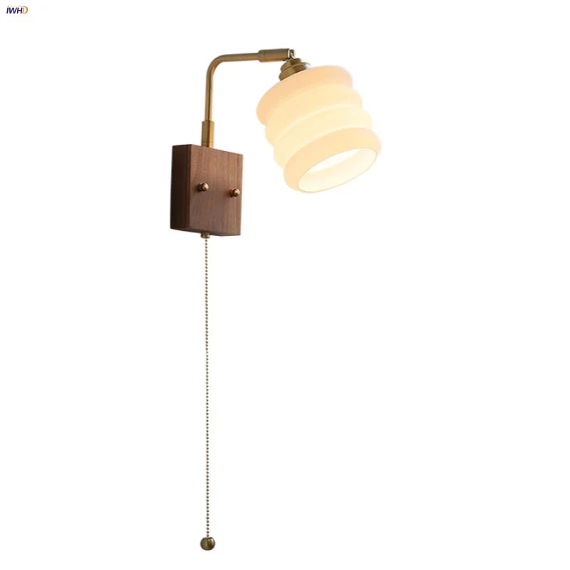 Walnut Wood LED Wall Sconce Rotatable Glass Bedside Lamp Nordic Modern