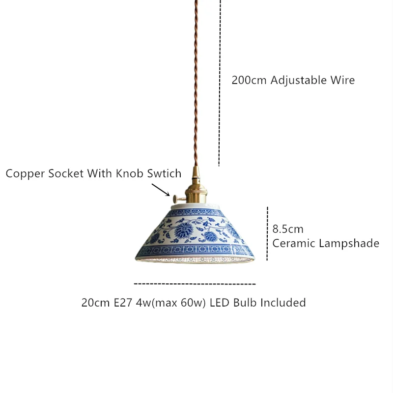 Vintage Ceramic LED Pendant Light with Adjustable Copper Socket & Knob Switch