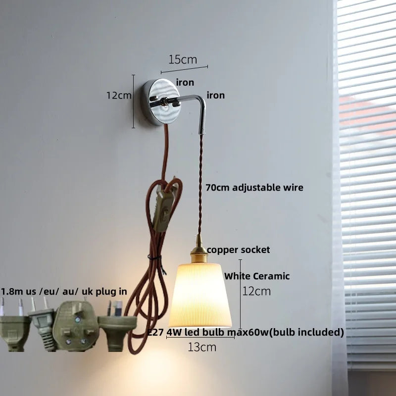 White Glass LED Wall Lights with Pull Chain Switch - Nordic Modern Bedside Lamp