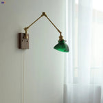 Nordic Green LED Wall Sconce with Swing Arm, Wood Base and Pull Chain Switch