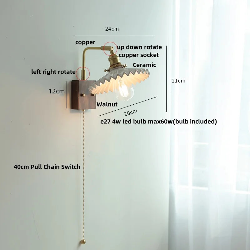 Nordic LED Walnut Wood Wall Lamp with Rotating Ceramic Copper Pull Chain Switch