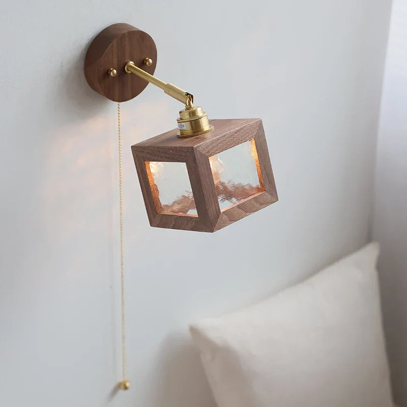 Clear Glass LED Wall Light Fixture Walnut Wood Pull Chain Switch Nordic Modern Wall Lamp