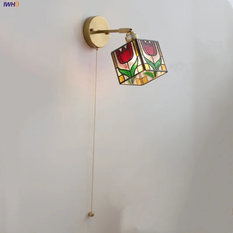 Colorful Square Glass LED Wall Lights with Pull Chain Switch - Tiffany Style