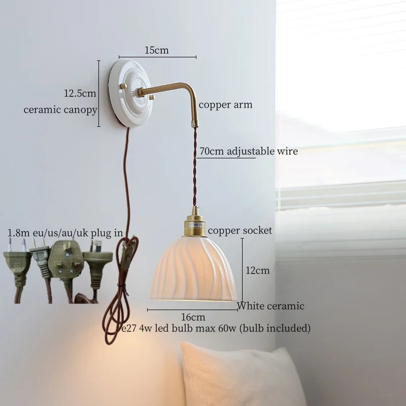 Ceramic Wall Sconce with Copper Arm | Pull Chain Switch LED Bedroom Lamp