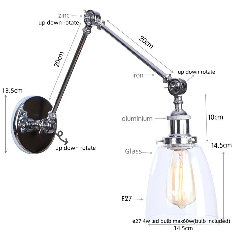 Chrome Industrial LED Wall Sconce Swing Arm Clear Glass Lamp