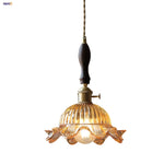 Afralia™ Nordic LED Flower Glass Pendant Light Fixture with Walnut Wood - Amber Glass