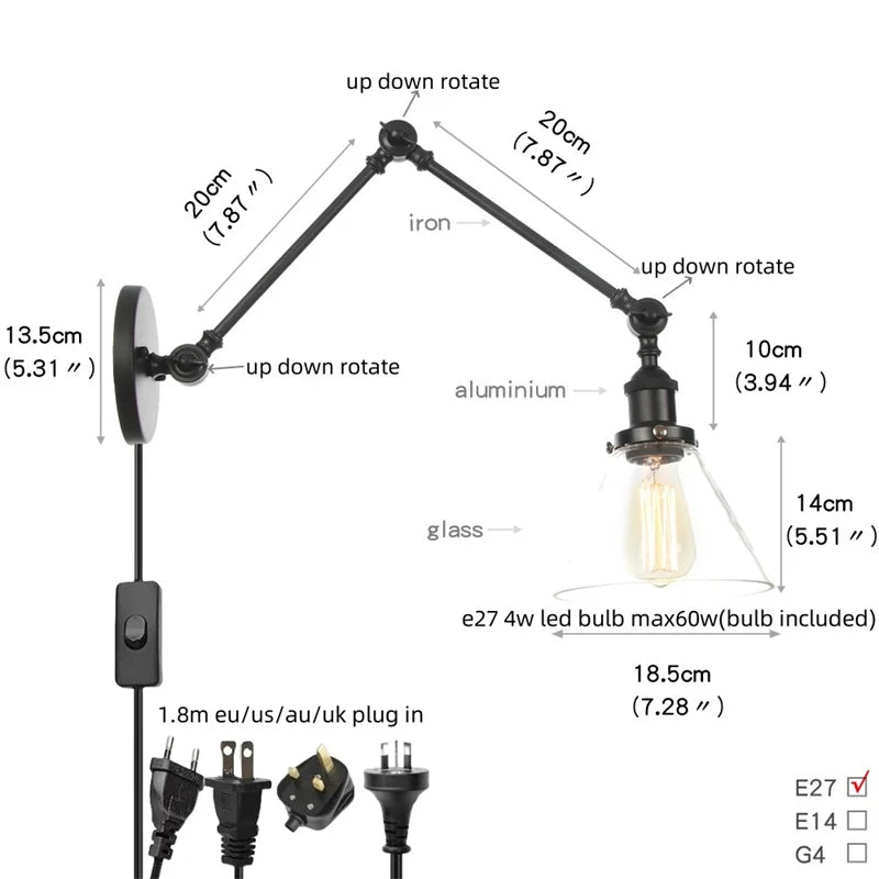 Afralia™ Vintage Industrial LED Wall Lamp with Pull Chain Switch & Clear Glass