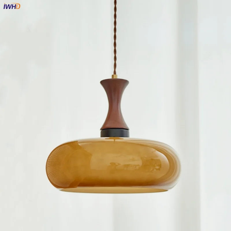 Amber LED Pendant Light Fixture Wood Glass Loft Adjustable Hang Lamp
