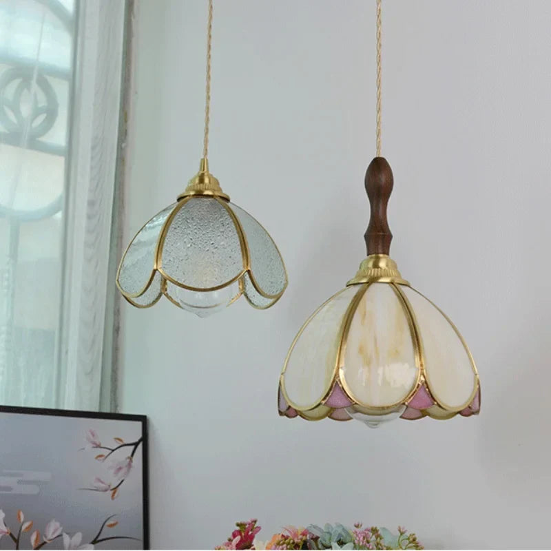 Afralia™ Tiffany Glass LED Pendant Walnut Wood Dining Room Light