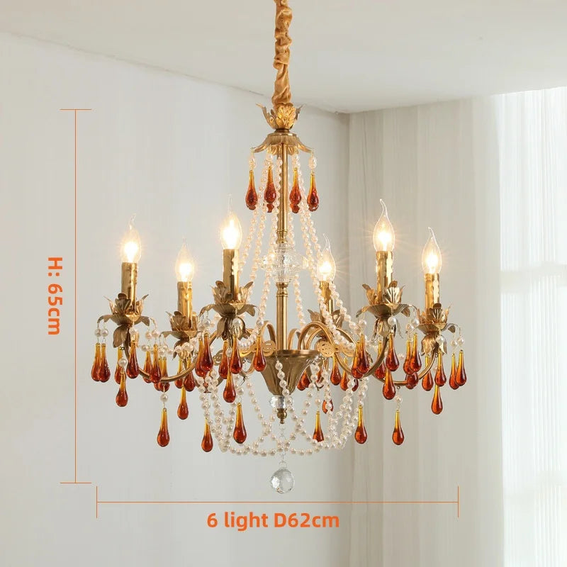 Luxury Red Crystal Candle Chandelier LED Pendant Light - Copper E14 Glamourizing Luminarias