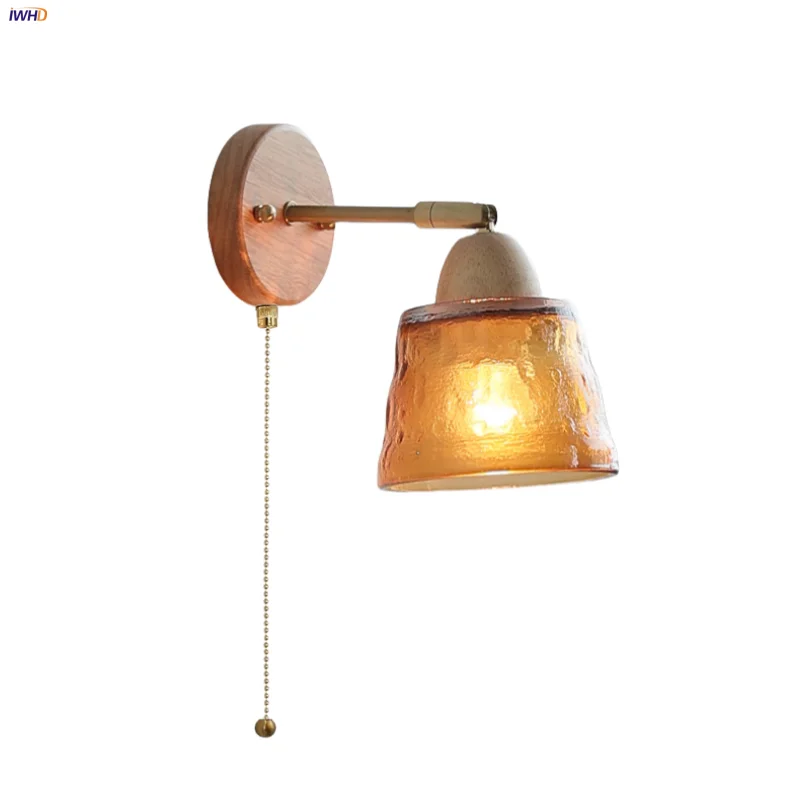 Wood Canopy LED Wall Light Pull Chain Switch Nordic Modern Bedside Sconce
