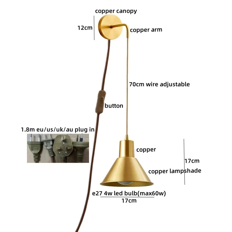 Modern Wood Copper LED Wall Sconce for Living Room Corridor Bar Bathroom