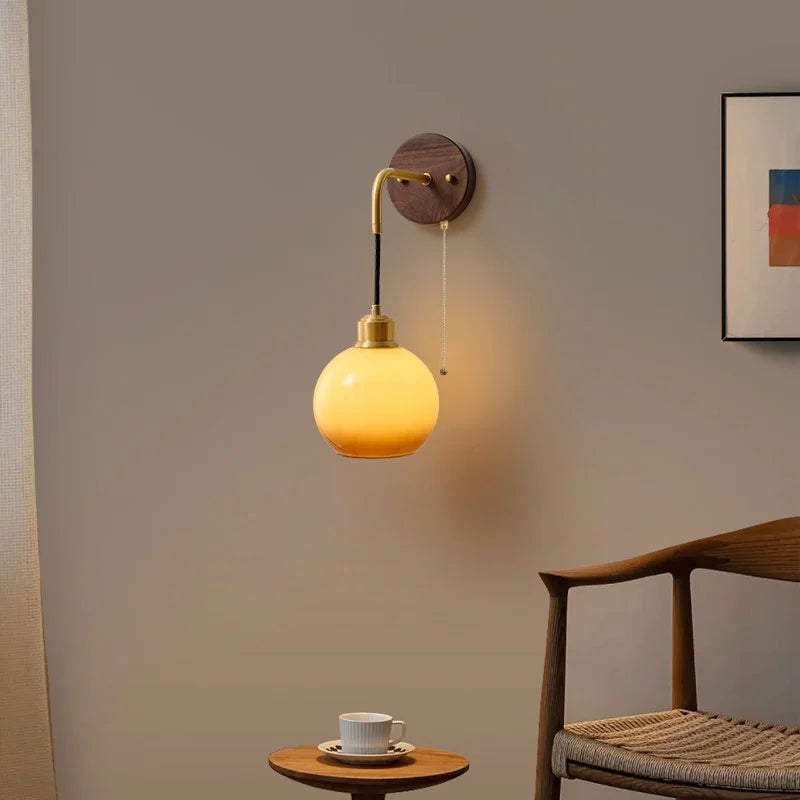 Walnut Wood LED Wall Sconce with Pull Chain Switch for Home Lighting