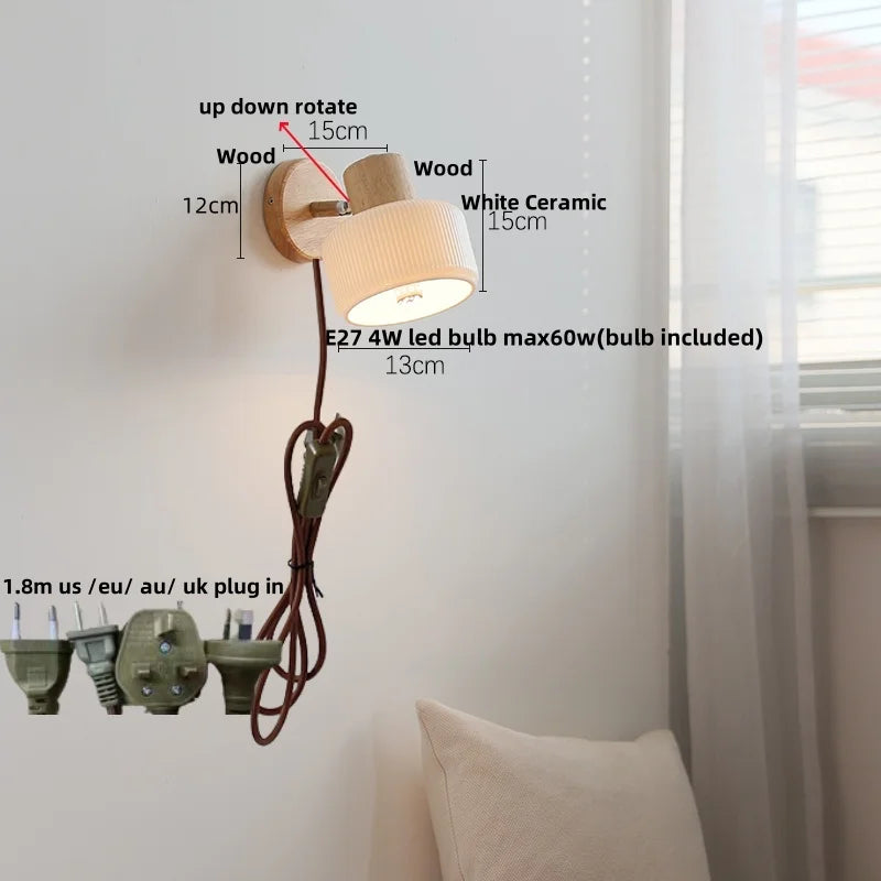 Ceramic LED Wall Lights with Pull Chain Switch, Modern Wood Base Bedside Lamp