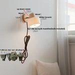 Ceramic LED Wall Lights with Pull Chain Switch, Modern Wood Base Bedside Lamp