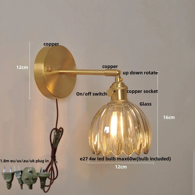 Afralia™ Loft Amber Glass LED Wall Light with Vintage Knob Switch