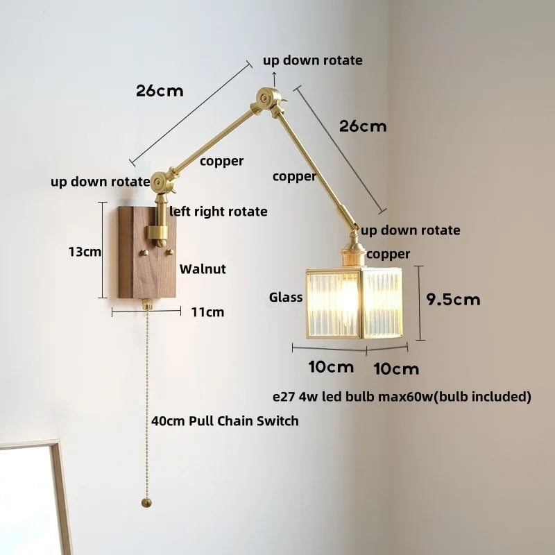 Wood Cube Glass LED Wall Lights with Pull Chain Switch for Modern Interiors