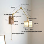 Wood Cube Glass LED Wall Lights with Pull Chain Switch for Modern Interiors