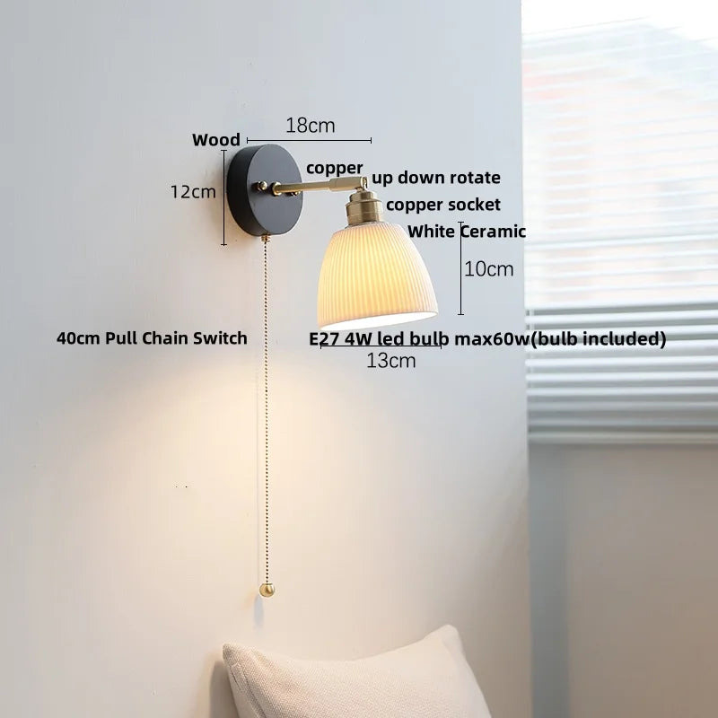 White Ceramic Wood LED Wall Light Fixture Pull Chain Switch Bedside Lamp