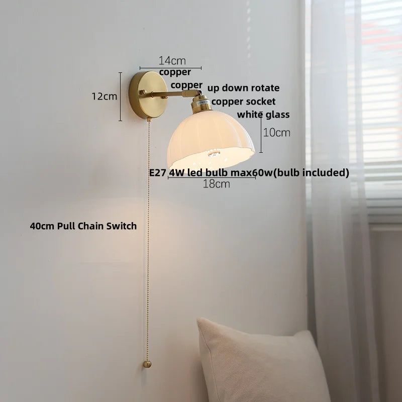 White Glass LED Wall Light with Pull Chain Switch, Japanese Style Hallway Lamp