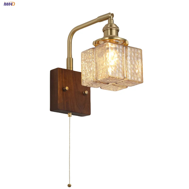 Amber Glass LED Wall Sconce with Walnut Wood, Pull Chain Switch for Living Room