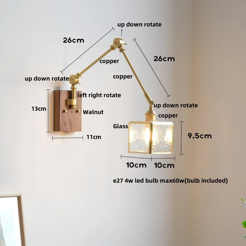 Wood Cube Glass LED Wall Lights with Pull Chain Switch for Modern Interiors