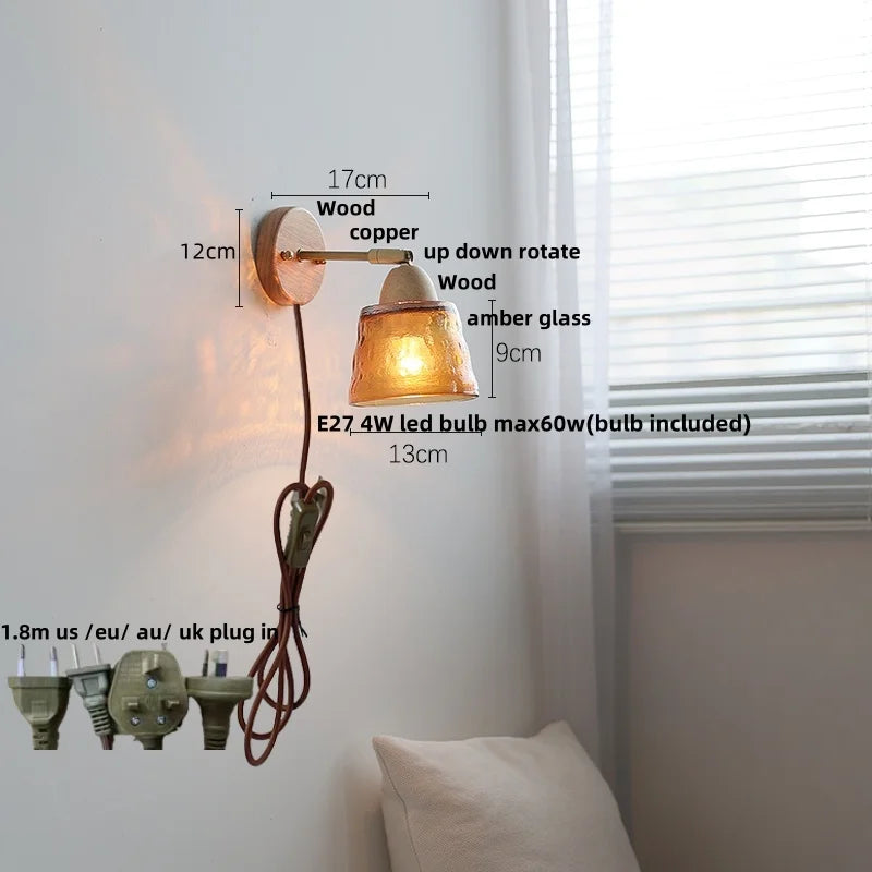 Wood Canopy LED Wall Light Pull Chain Switch Nordic Modern Bedside Sconce