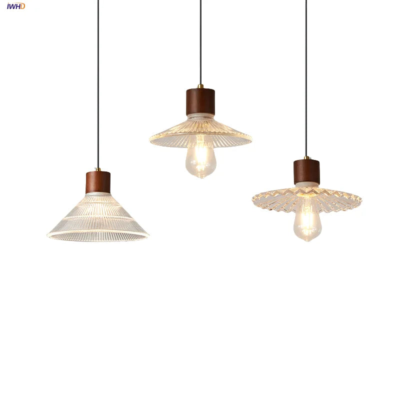 Wood Glass LED Pendant Lights Adjustable Modern Hanging Lamp