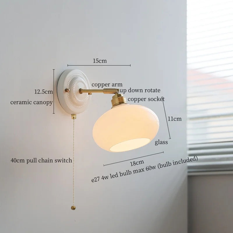 White Glass LED Wall Lights Pull Chain Switch Copper Arm - Bedroom Stair Living Room Mirror Bedside Lamp