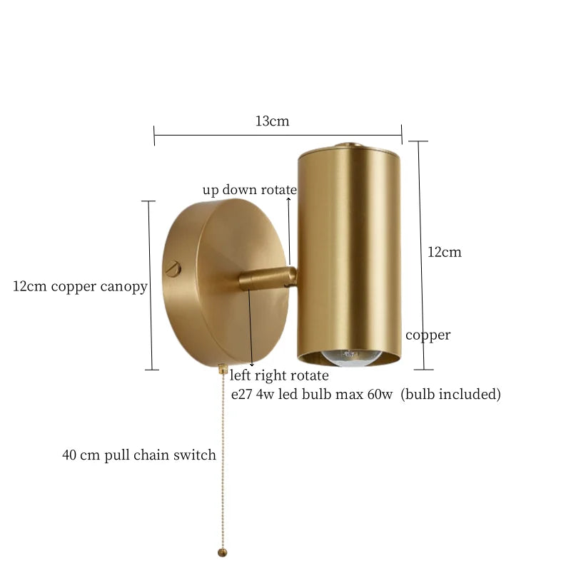 Nordic Copper LED Wall Lamp Pull Chain Switch Wandlamp