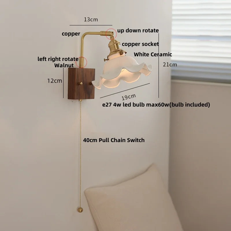 Walnut Brass Ceramic LED Wall Sconce | Modern Nordic Rotatable Stair Light