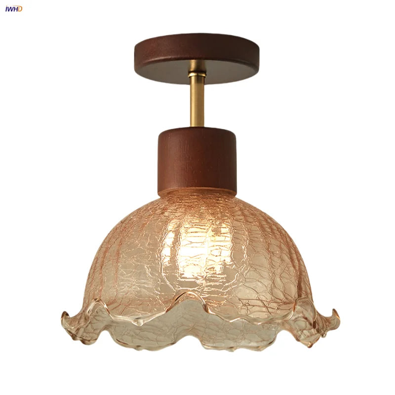 Amber Ice Crack Glass Wood Ceiling Light - Nordic Modern LED Fixture